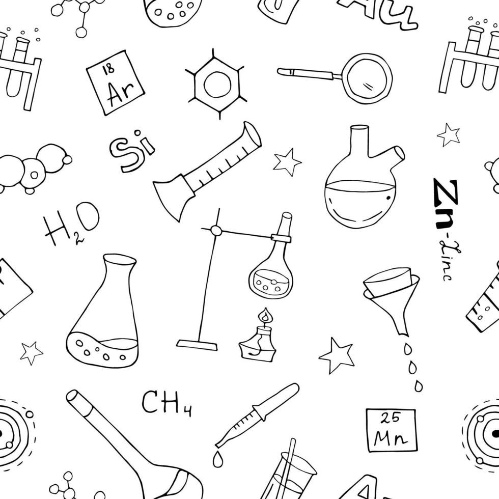 Clinical laboratory sciences doodle drawing pattern. Elements such as lab equipments, experiments etc are included. Hand drawn vector doodle illustrations isolated over white background.