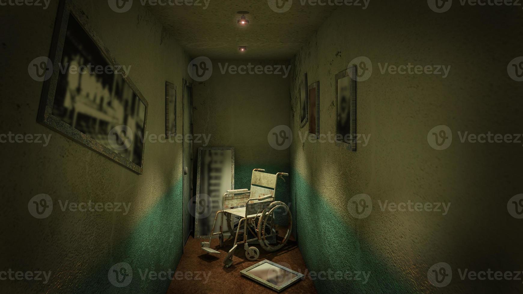 Horror and creepy walk way and wheelchair in front of the examination room in the hospital.3D rendering photo