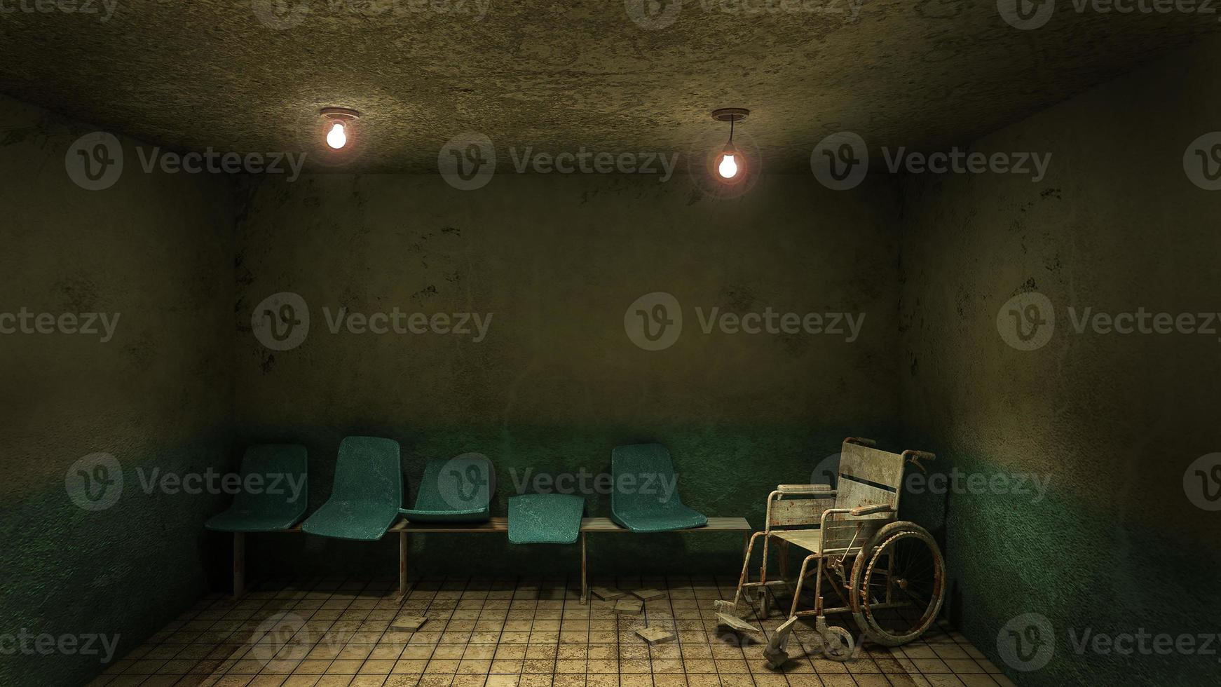 horror y espeluznante asiento esperando y silla de ruedas frente a la sala de examen en el hospital. Representación 3d foto