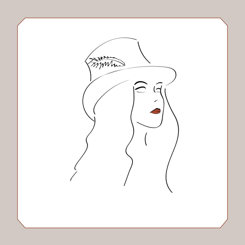 Vector stylish original hand-drawn graphics portrait with beautiful young attractive girl in the hat. Model for design. Fashion, style, beauty . Graphic, sketch drawing. Sexy woman