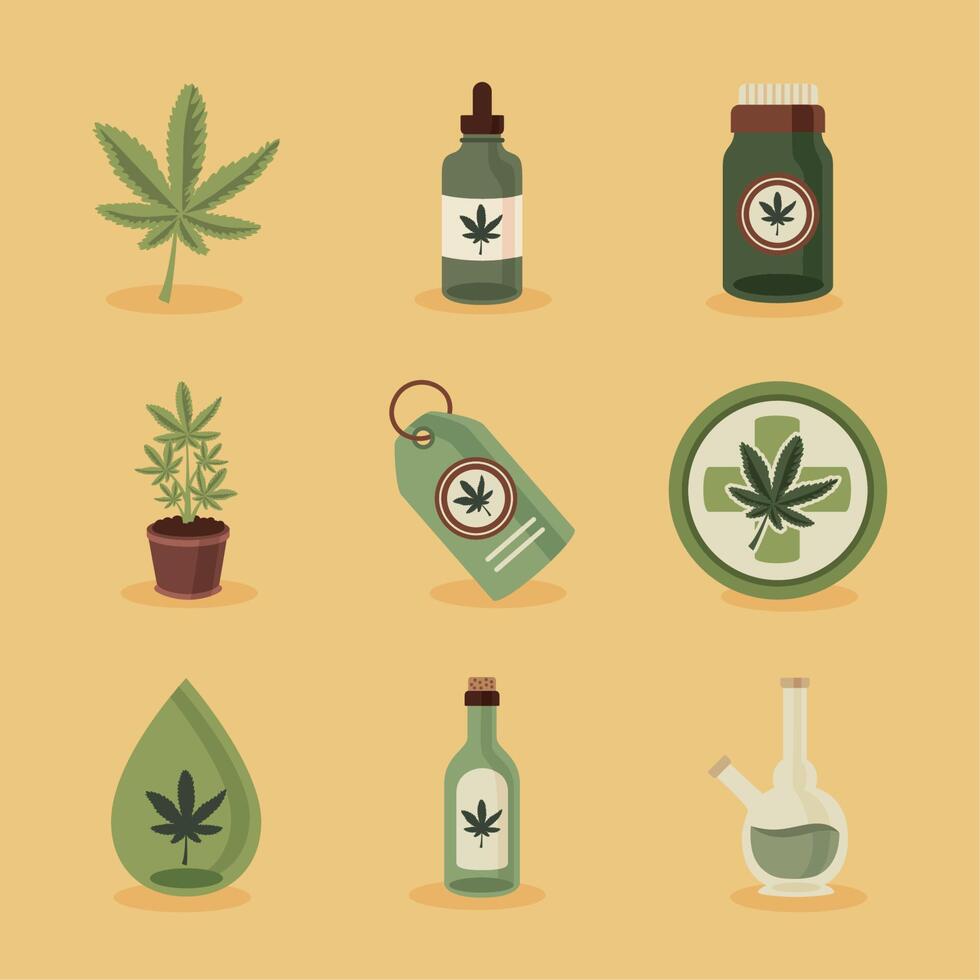 nine medical cannabis icons vector