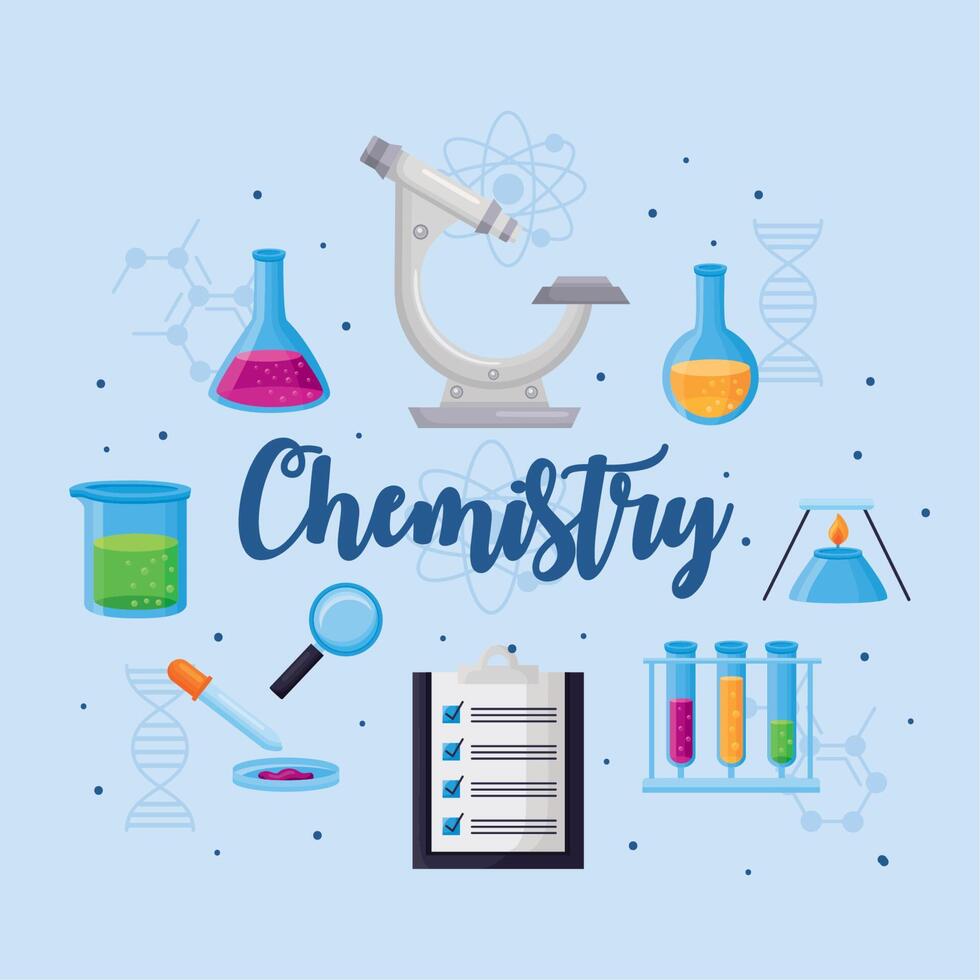 chemestry lettering and icons vector