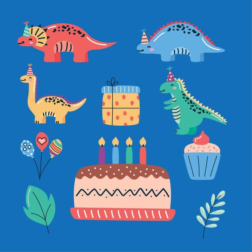 diez iconos de cumpleaños de dinosaurios vector