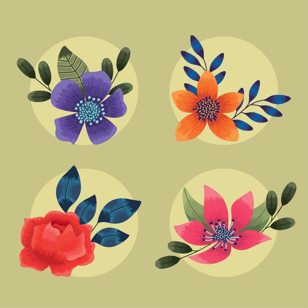 four flowers natural icons vector