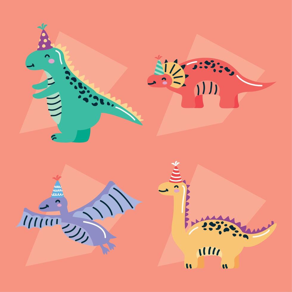 cuatro dinosaurios en cumpleaños vector