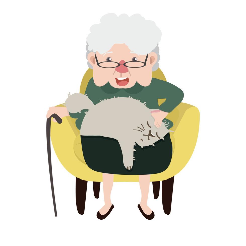 Happy Grandmother sitting Yellow modern chair with cat vector