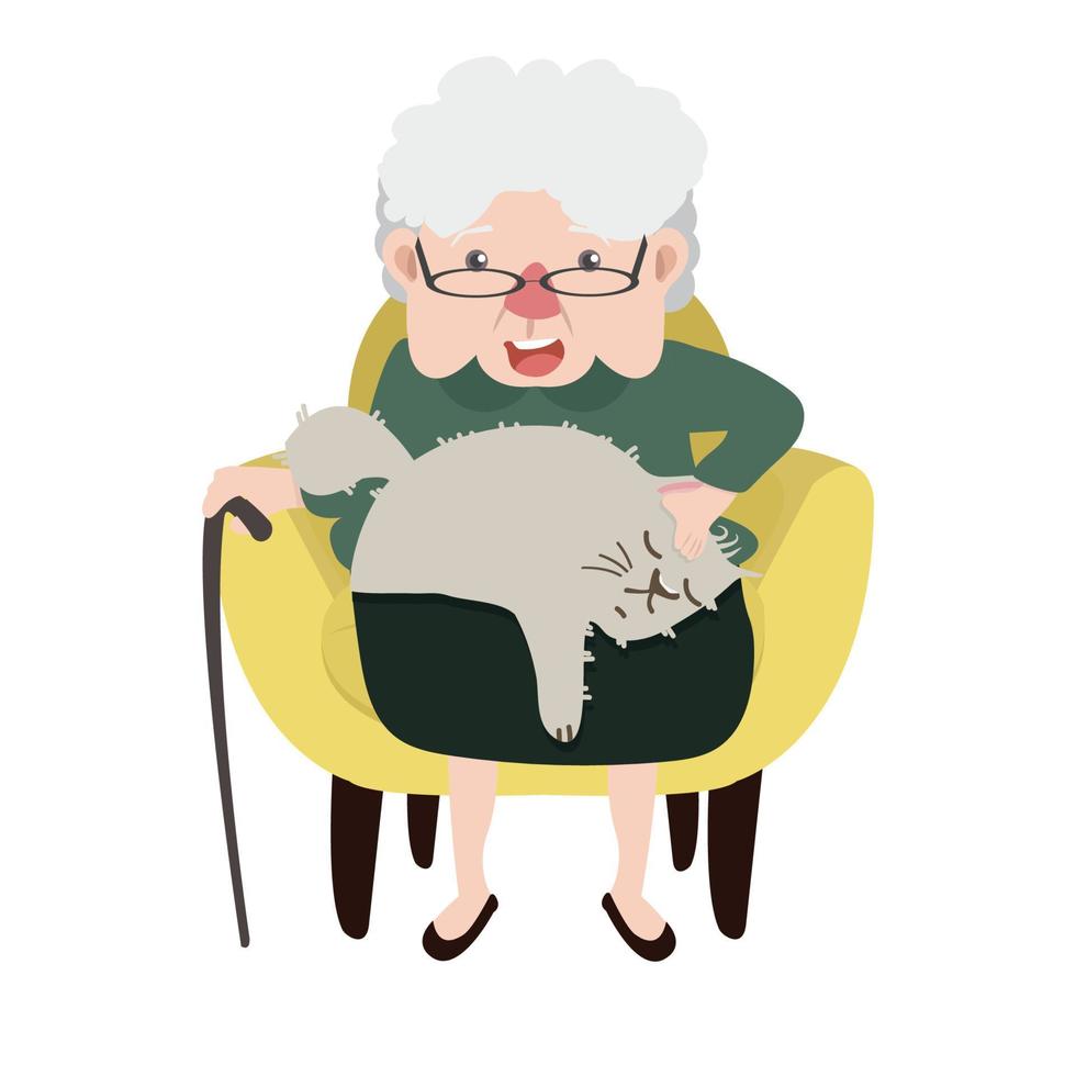 abuela feliz sentada en una silla moderna amarilla con gato vector