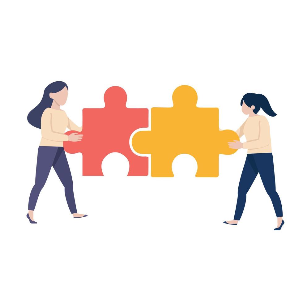 Woman Holding big jigsaw puzzle pieces teamwork concept vector