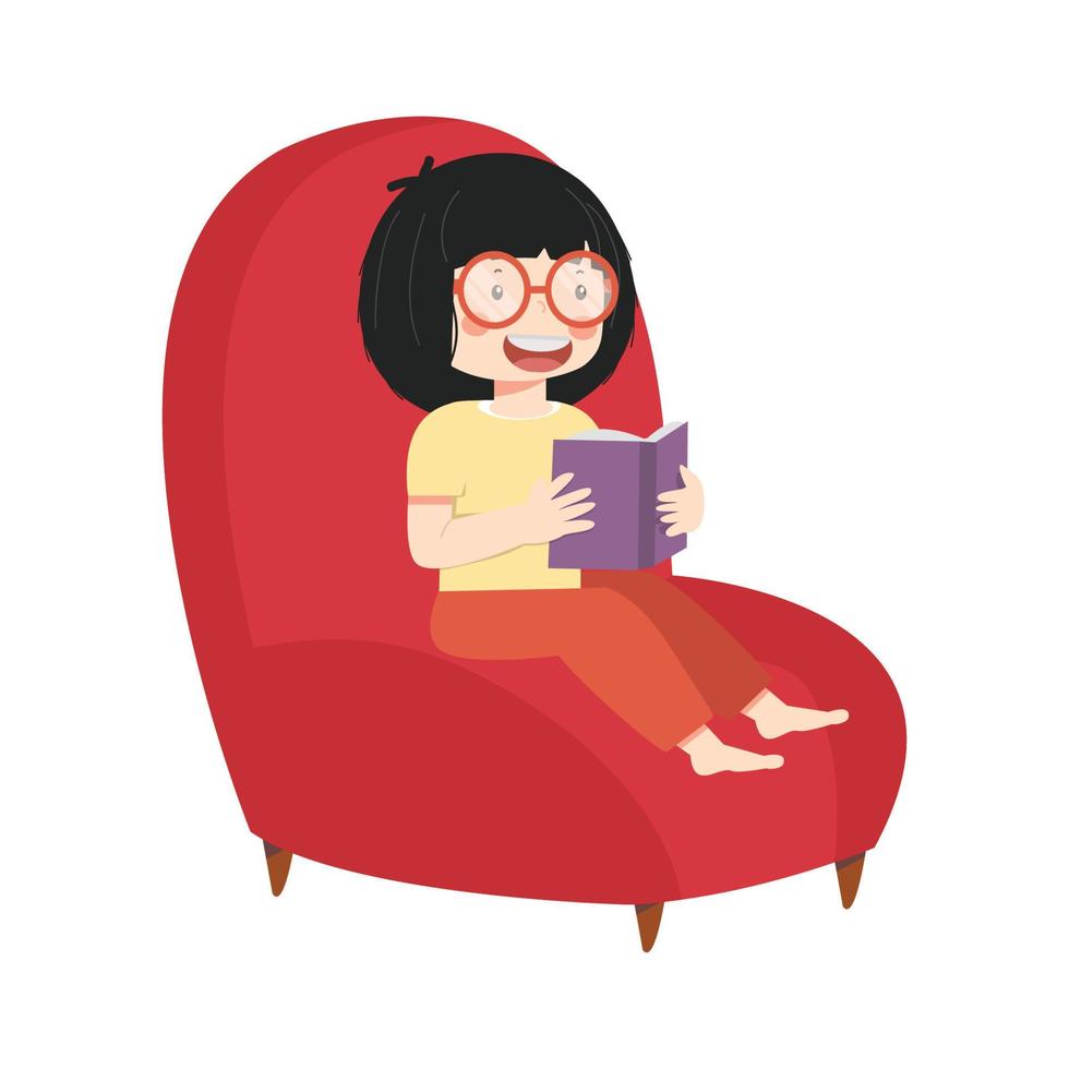mujer leyendo un libro sentado en un sofá vector
