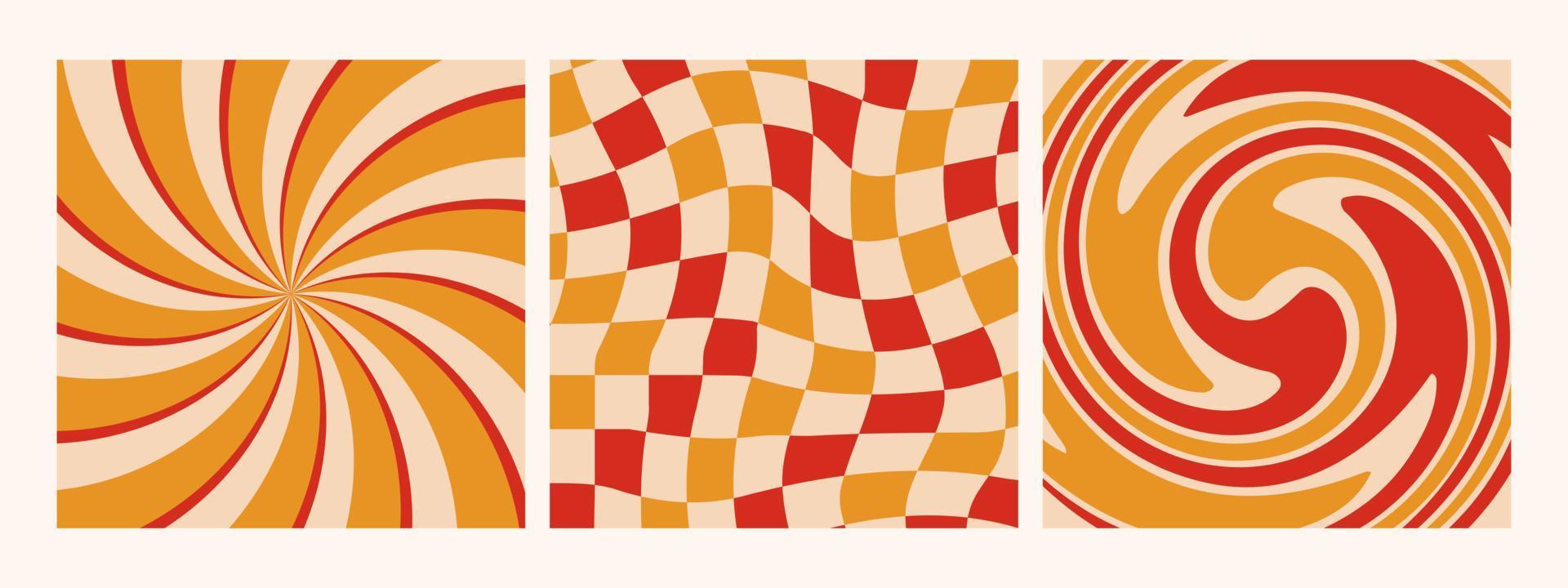 colección de fondo retro hippie de los años 70. ondas abstractas, remolinos, giros y fondos de pantalla a cuadros. vector