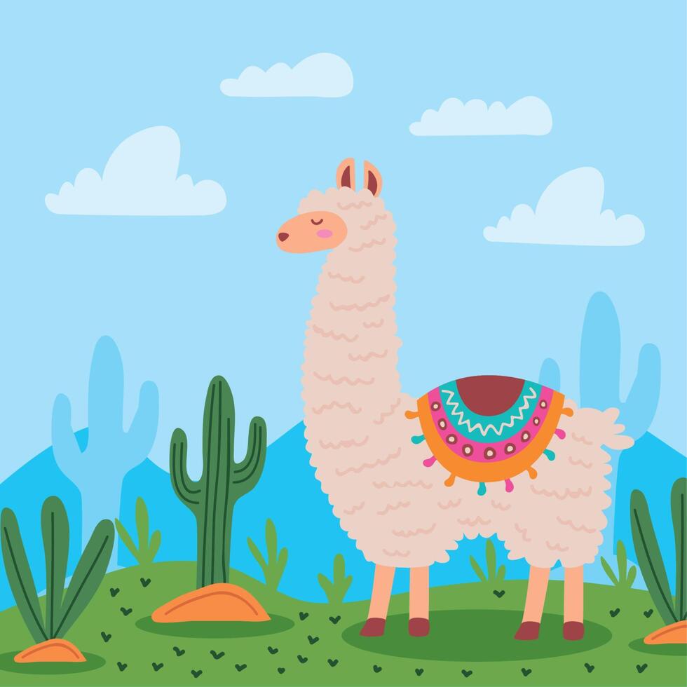 linda llama con cactus vector