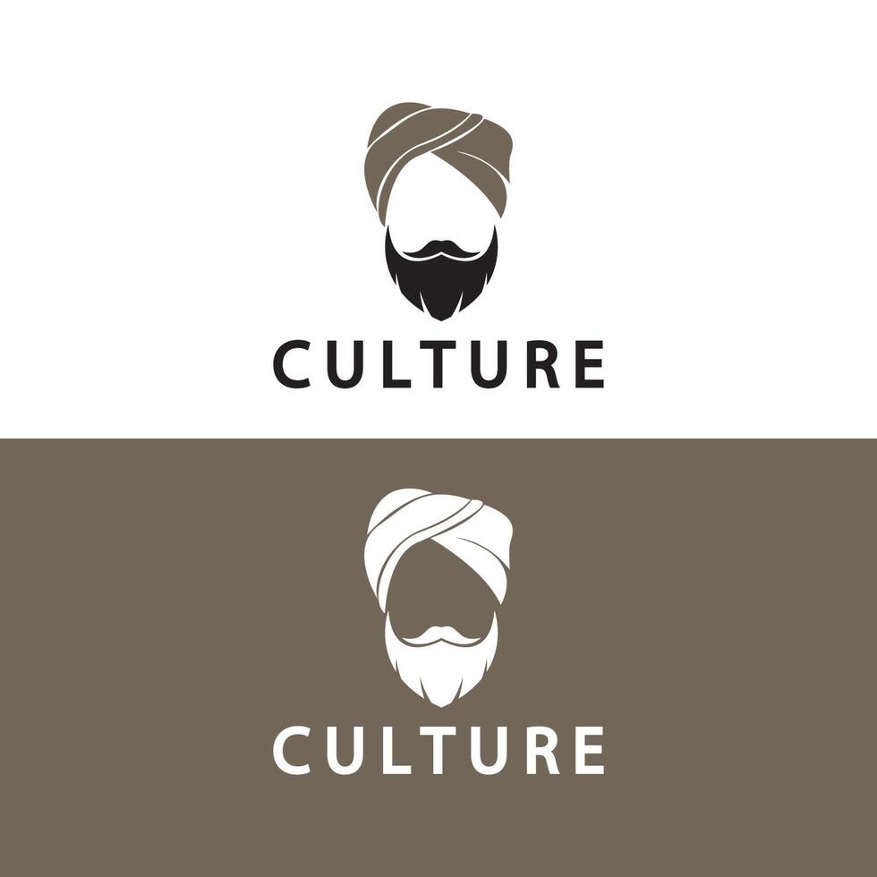 turbante bigote india indio logo diseño vector ilustración. logo de la cara de un hombre con barba y sombrero típico del país indio tradicional.