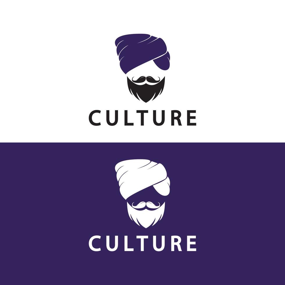 turbante bigote india indio logo diseño vector ilustración. logo de la cara de un hombre con barba y sombrero típico del país indio tradicional.