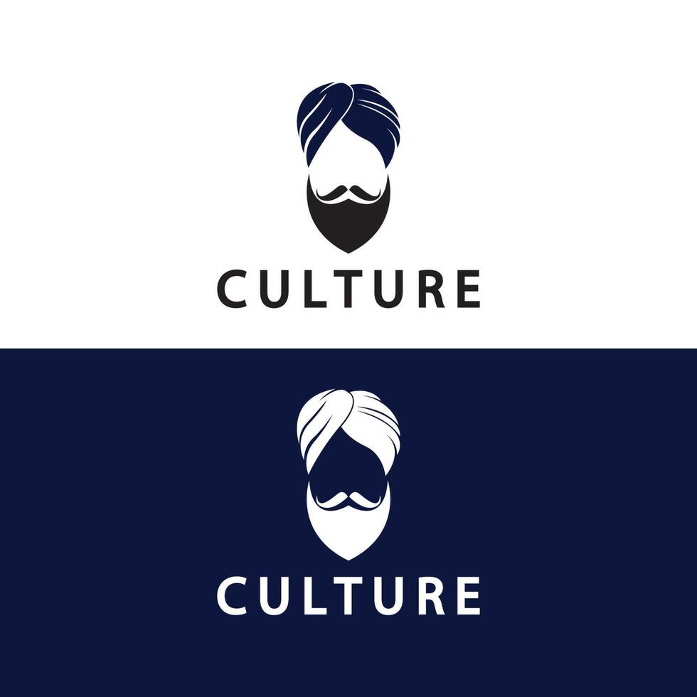 turbante bigote india indio logo diseño vector ilustración. logo de la cara de un hombre con barba y sombrero típico del país indio tradicional.