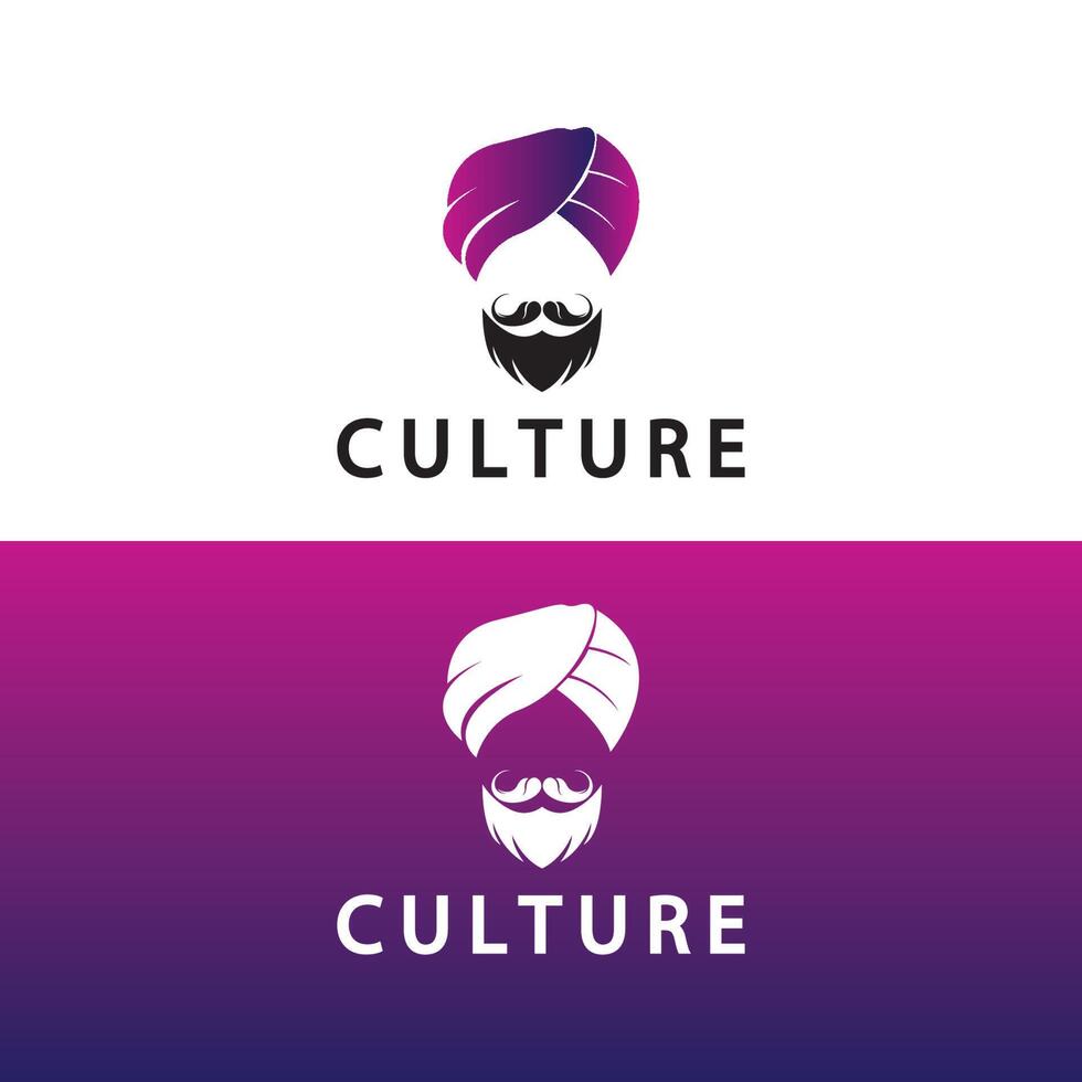 turbante bigote india indio logo diseño vector ilustración. logo de la cara de un hombre con barba y sombrero típico del país indio tradicional.