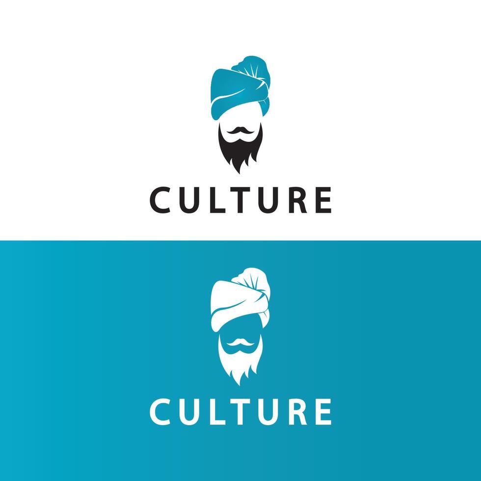 turbante bigote india indio logo diseño vector ilustración. logo de la cara de un hombre con barba y sombrero típico del país indio tradicional.