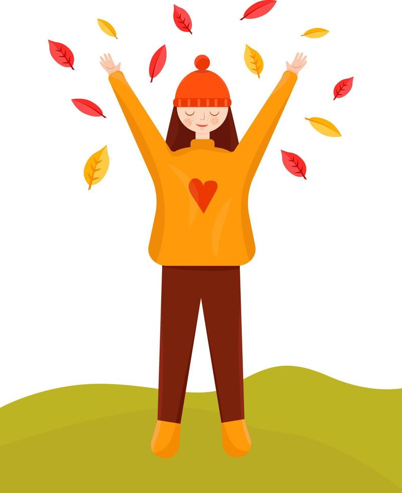 una chica con sombrero arroja hojas de otoño vector