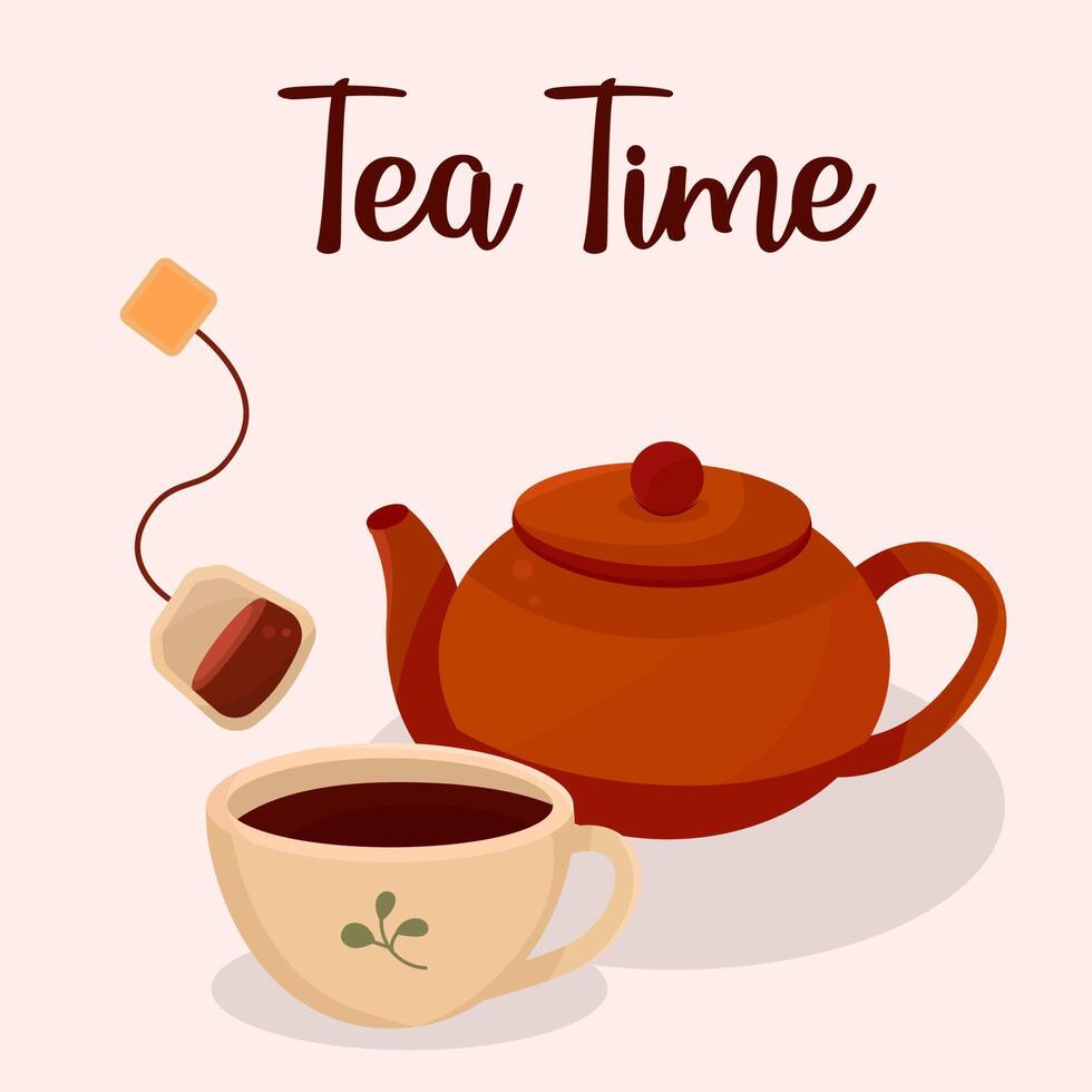 Tea party tea time teapot with cup vector