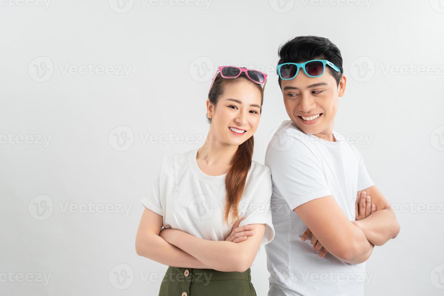 young couple in white T-shirts, emotions, free place photo
