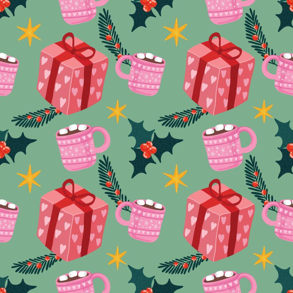 cute christmas items seamless pattern design for wrapping paper green background vector