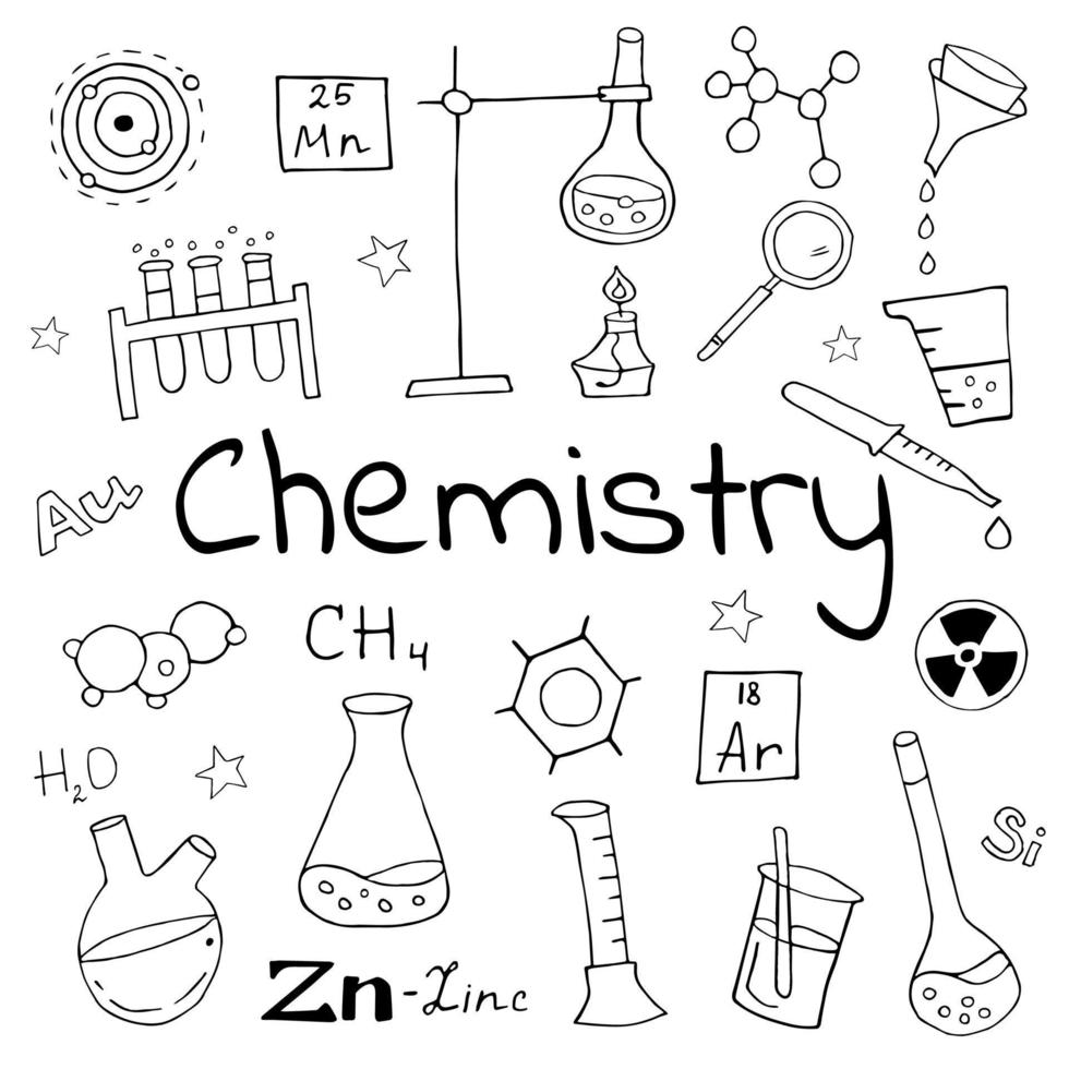 Clinical laboratory sciences doodle drawing collection. Elements such as lab equipments, experiments etc are included. Hand drawn vector doodle illustrations isolated over white background.