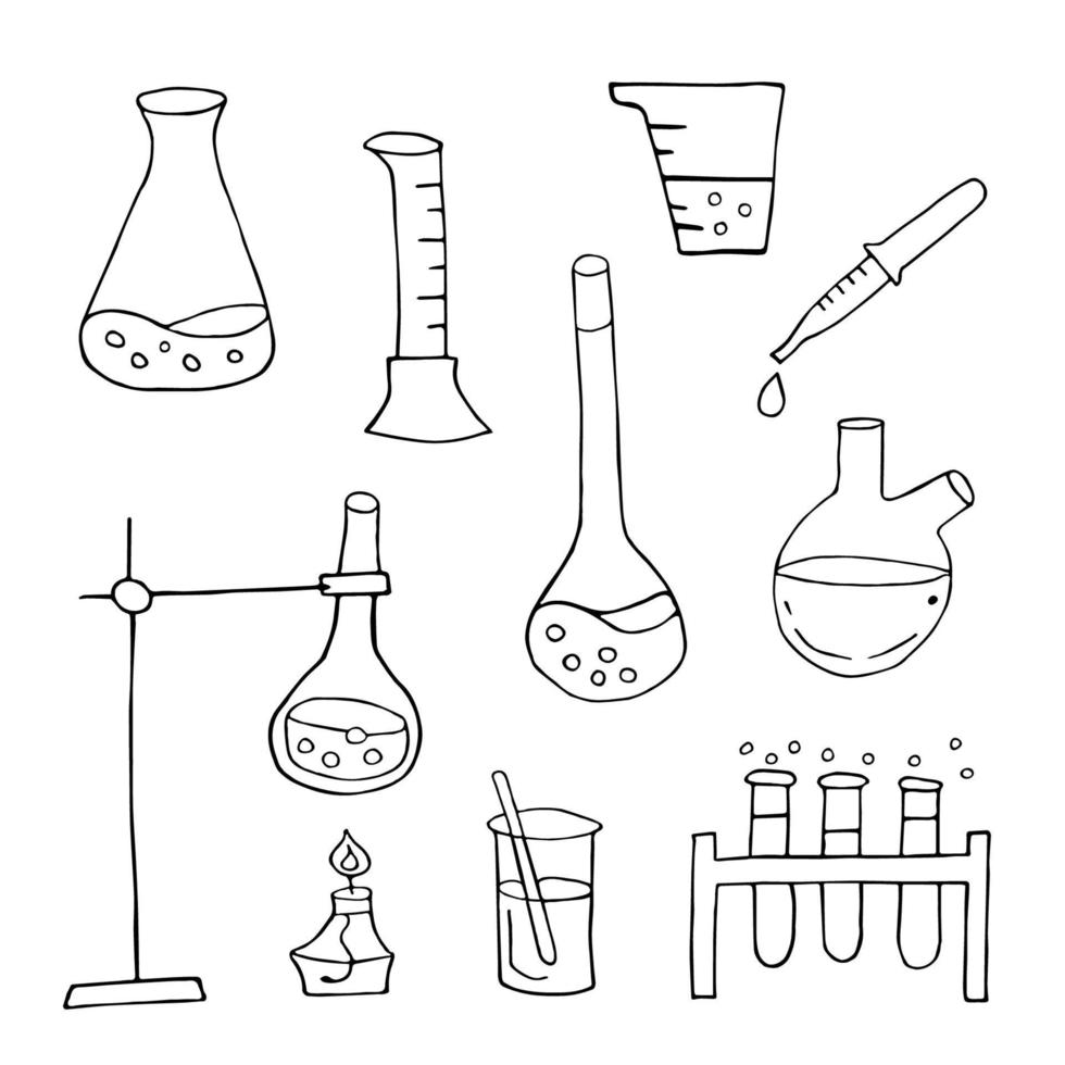 Clinical laboratory sciences doodle drawing collection. Elements such as lab equipments, experiments etc are included. Hand drawn vector doodle illustrations isolated over white background.