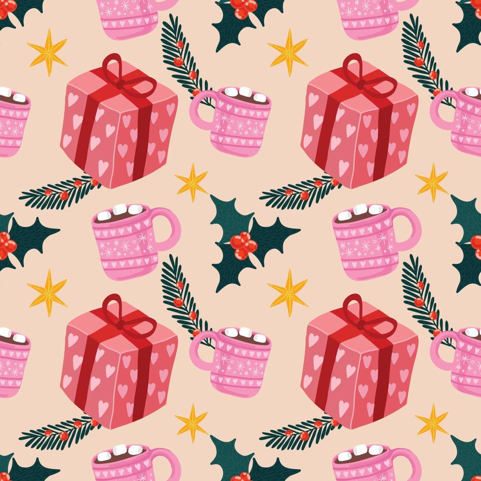 lindos artículos de navidad diseño de patrones sin fisuras para envolver papel sobre fondo rosa vector