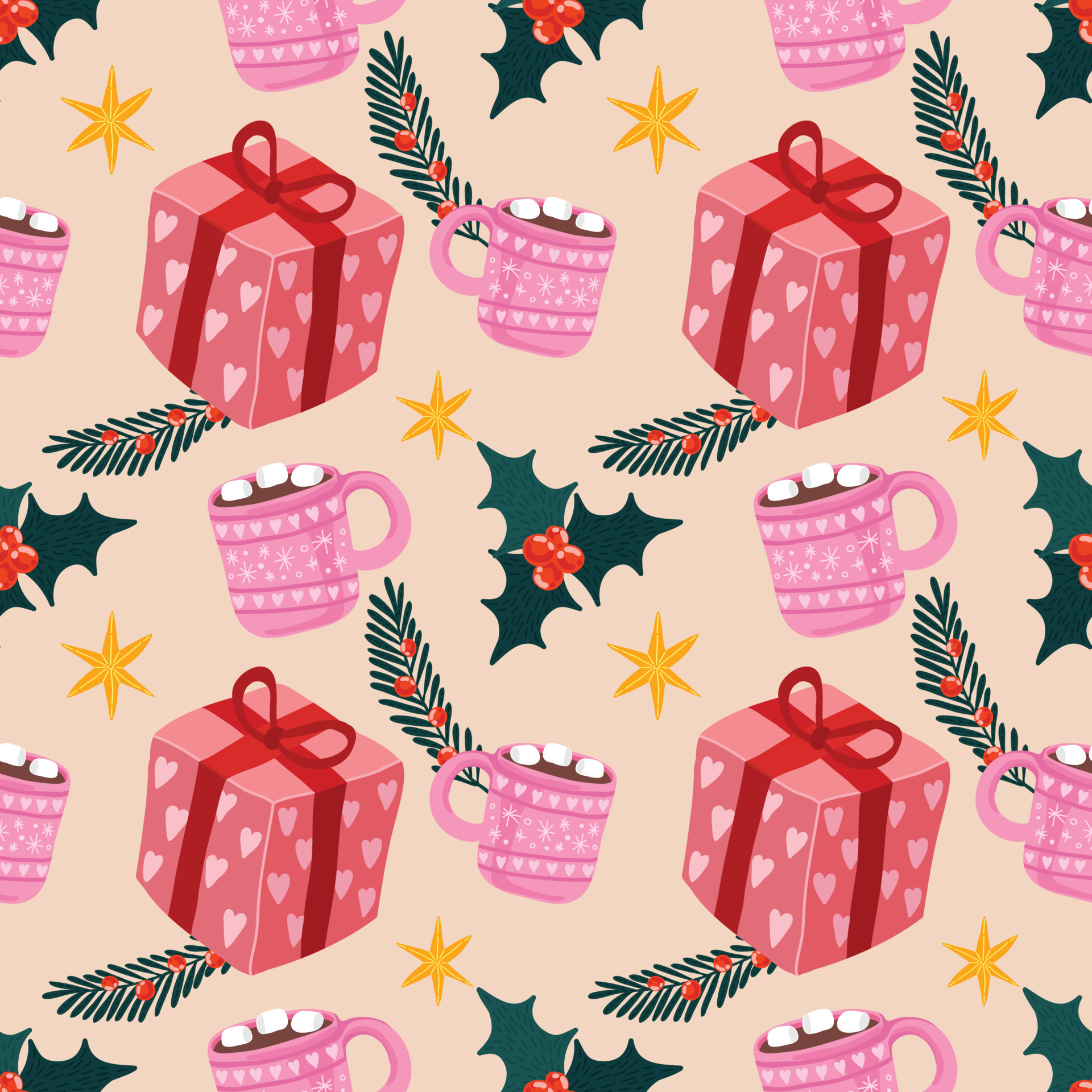 cute christmas items seamless pattern design for wrapping paper on pink