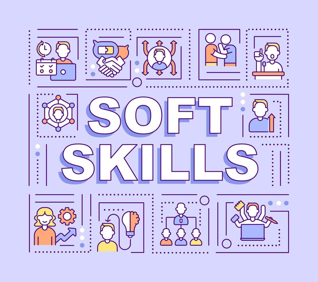 Soft skills word concepts purple banner. Negotiation and empathy abilities. Infographics with icons on color background. Isolated typography. Vector illustration with text.