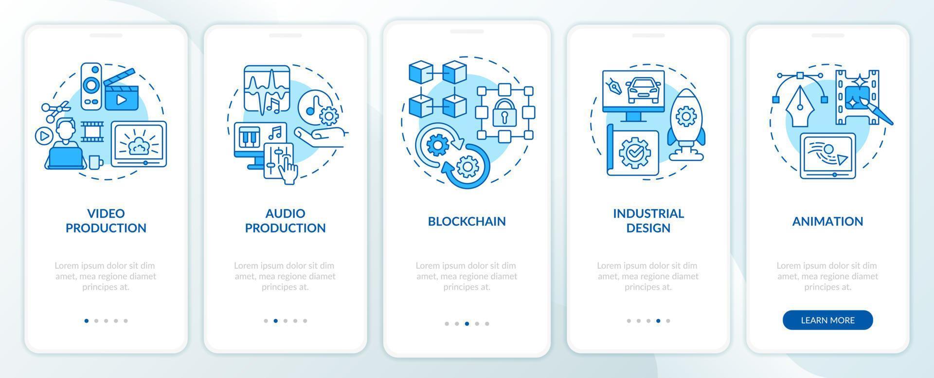 seleccionando las mejores habilidades para la pantalla de la aplicación móvil de incorporación azul independiente. tutorial 5 pasos páginas de instrucciones gráficas con conceptos lineales. interfaz de usuario, ux, plantilla de interfaz gráfica de usuario. vector