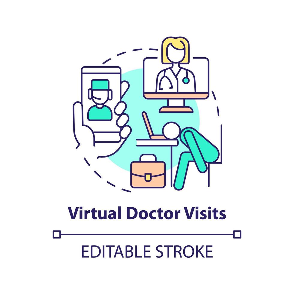 Virtual doctor visits concept icon. Remote consulting. Mental health trend at work abstract idea thin line illustration. Isolated outline drawing. Editable stroke. vector
