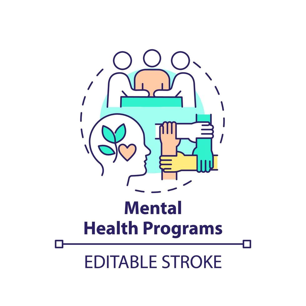 Mental health programs concept icon. Group support and care. Psychology trend at work abstract idea thin line illustration. Isolated outline drawing. Editable stroke. vector