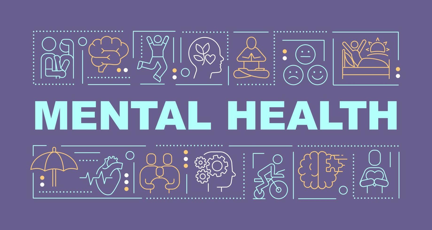 Mental health word concepts dark purple banner. Psychologist help. Infographics with icons on color background. Isolated typography. Vector illustration with text.