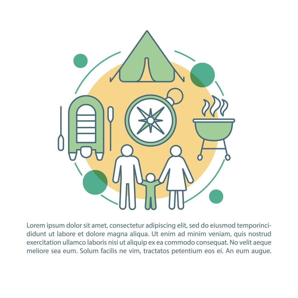 plantilla vectorial de página de artículo de campamento para niños y padres. folleto, revista, elemento de diseño de folleto con iconos lineales y cuadros de texto. diseño de impresión. ilustraciones conceptuales con espacio de texto .. .. vector