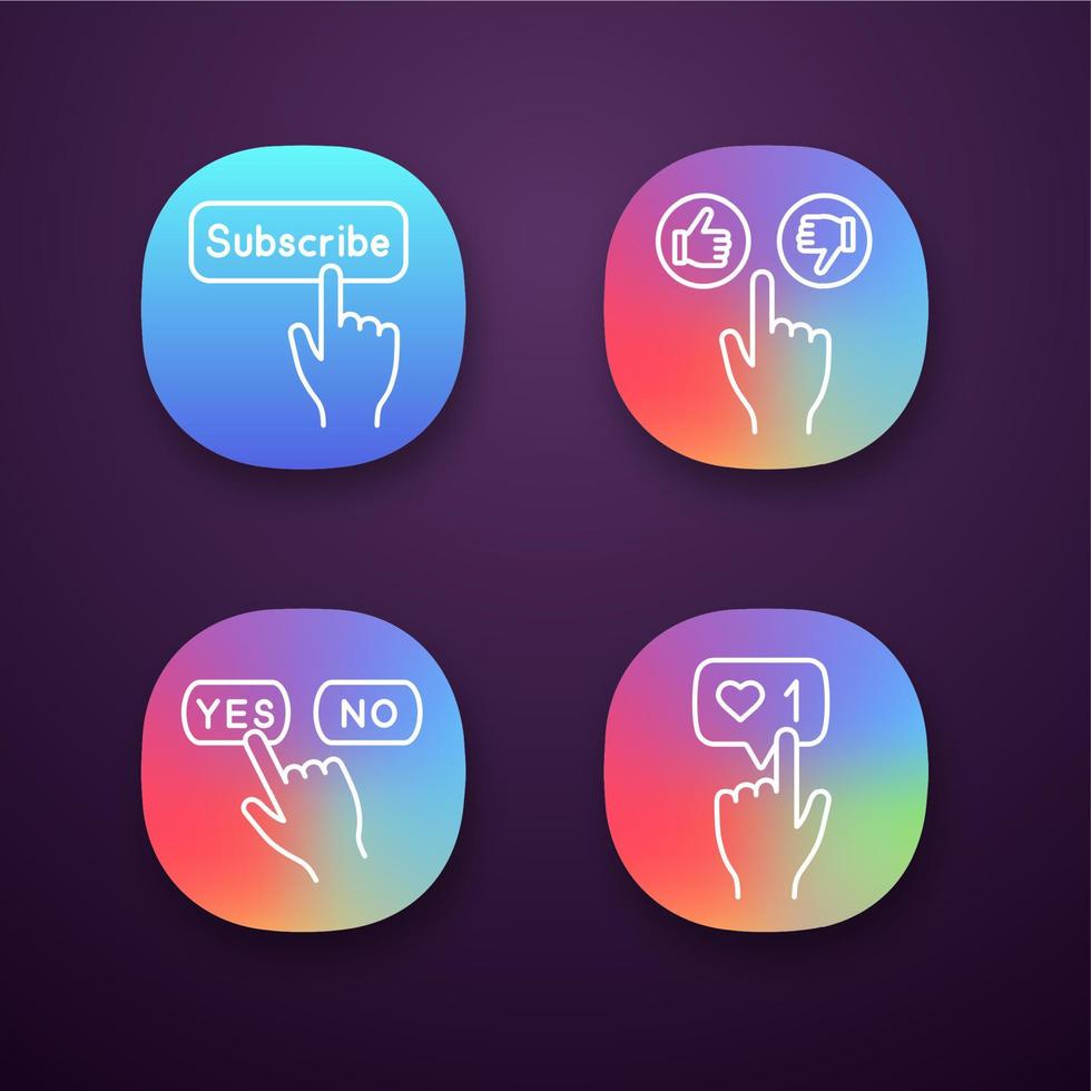 Click app icons set. Apps buttons. Subscribe, thumbs up and down, yes, no, like counter. UI UX user interface. Web or mobile applications. Vector isolated illustrations