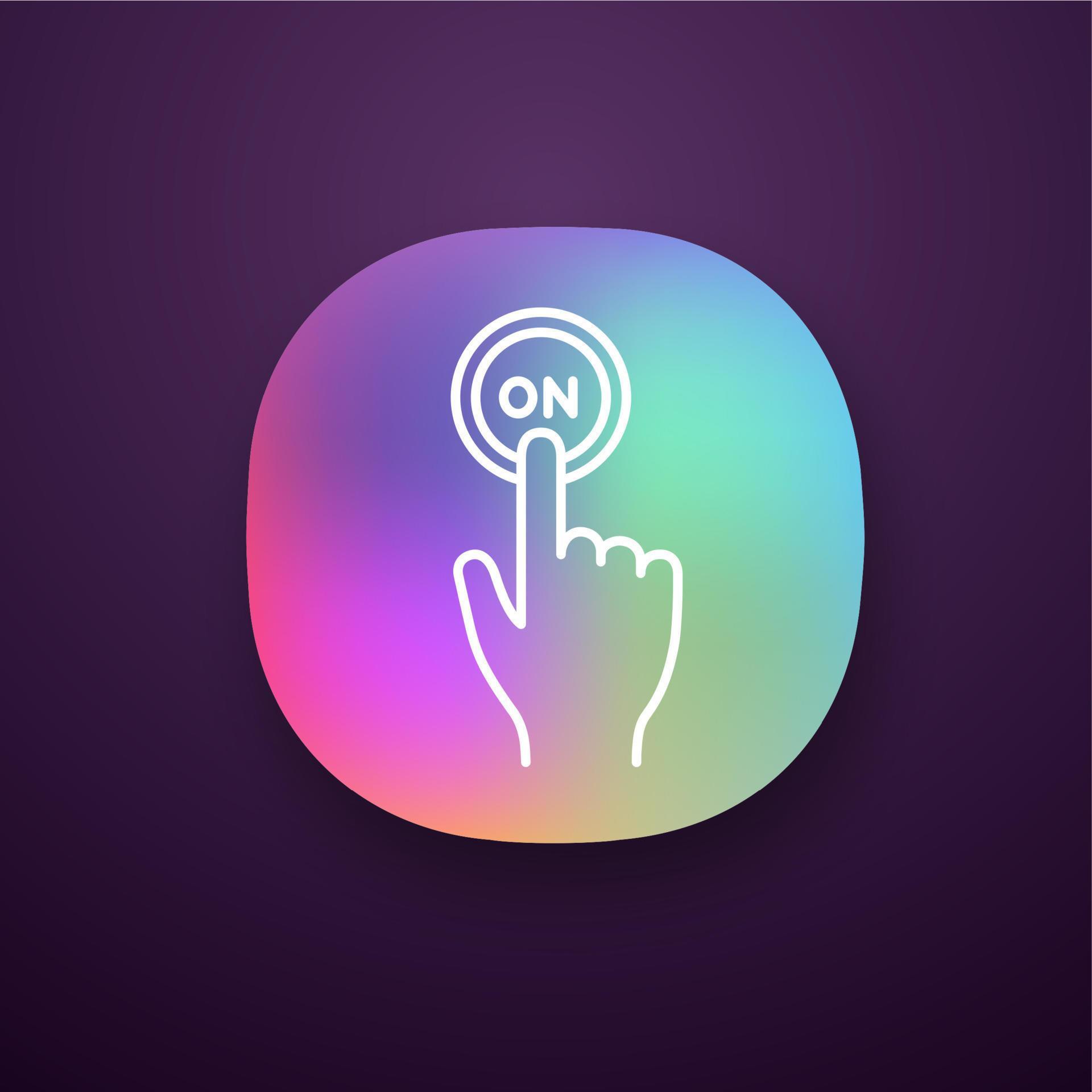 Turn on button click app icon. Power. Hand pressing button. UI UX user