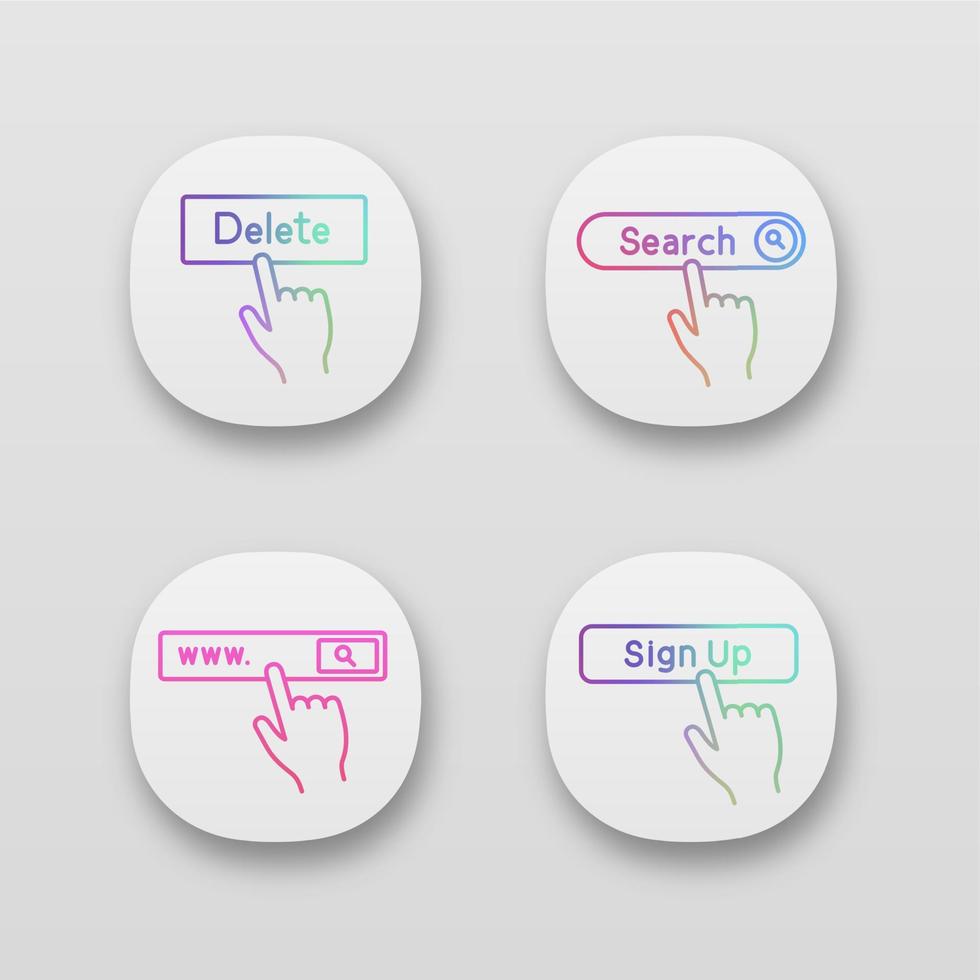 Click app icons set. Search bar, delete, sign up. UI UX user interface. Web or mobile applications. Vector isolated illustrations