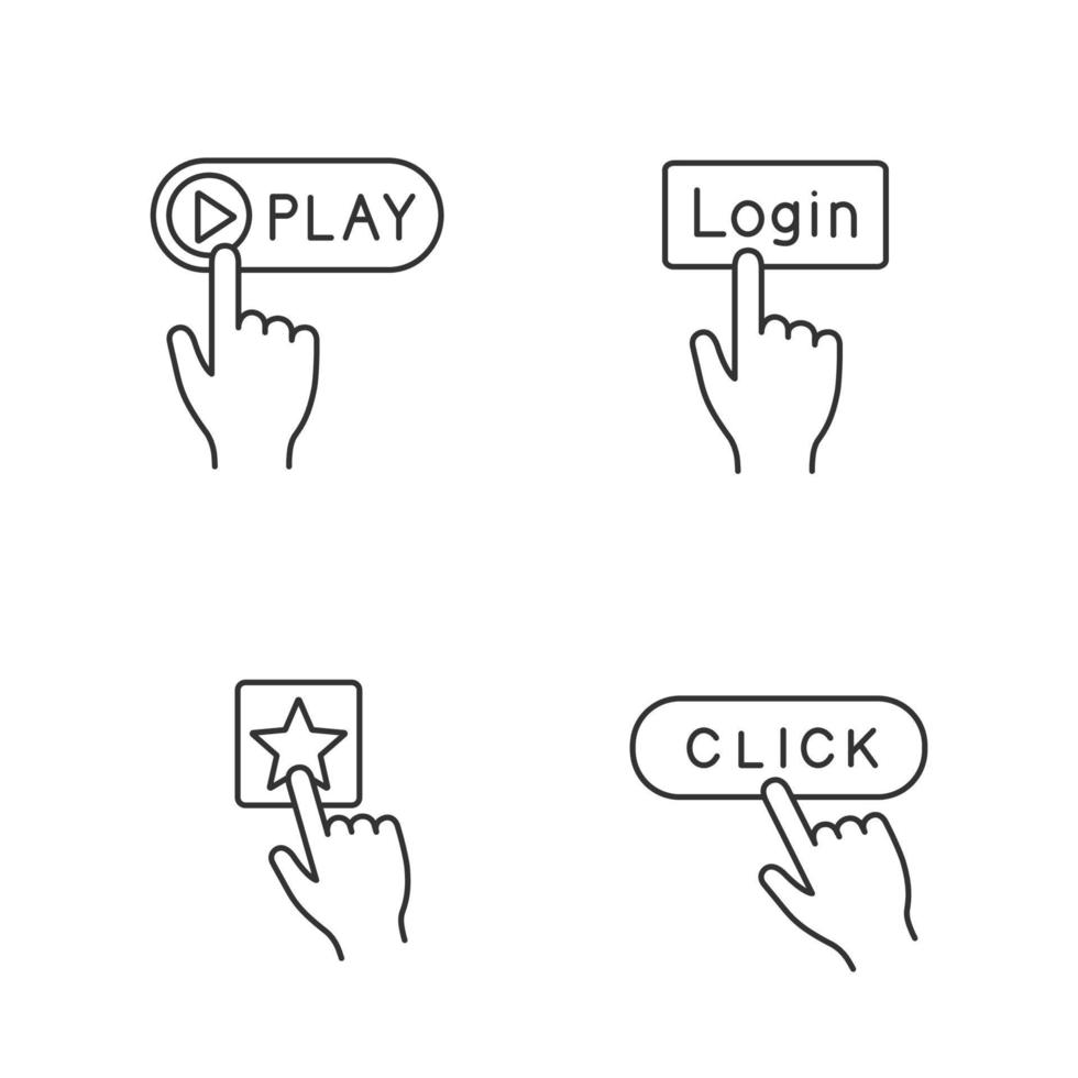 App buttons linear icons set. Click. Play, login, add to favorite. Thin line contour symbols. Isolated vector outline illustrations. Editable stroke