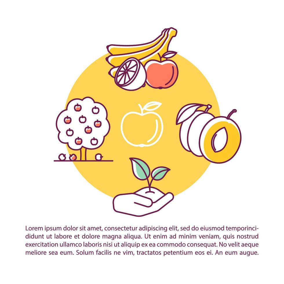 plantilla de vector de página de artículo de industria de cultivo de alimentos. huerta de frutas. folleto, revista, elemento de diseño de folleto con iconos lineales y cuadros de texto. diseño de impresión. ilustraciones conceptuales con espacio de texto