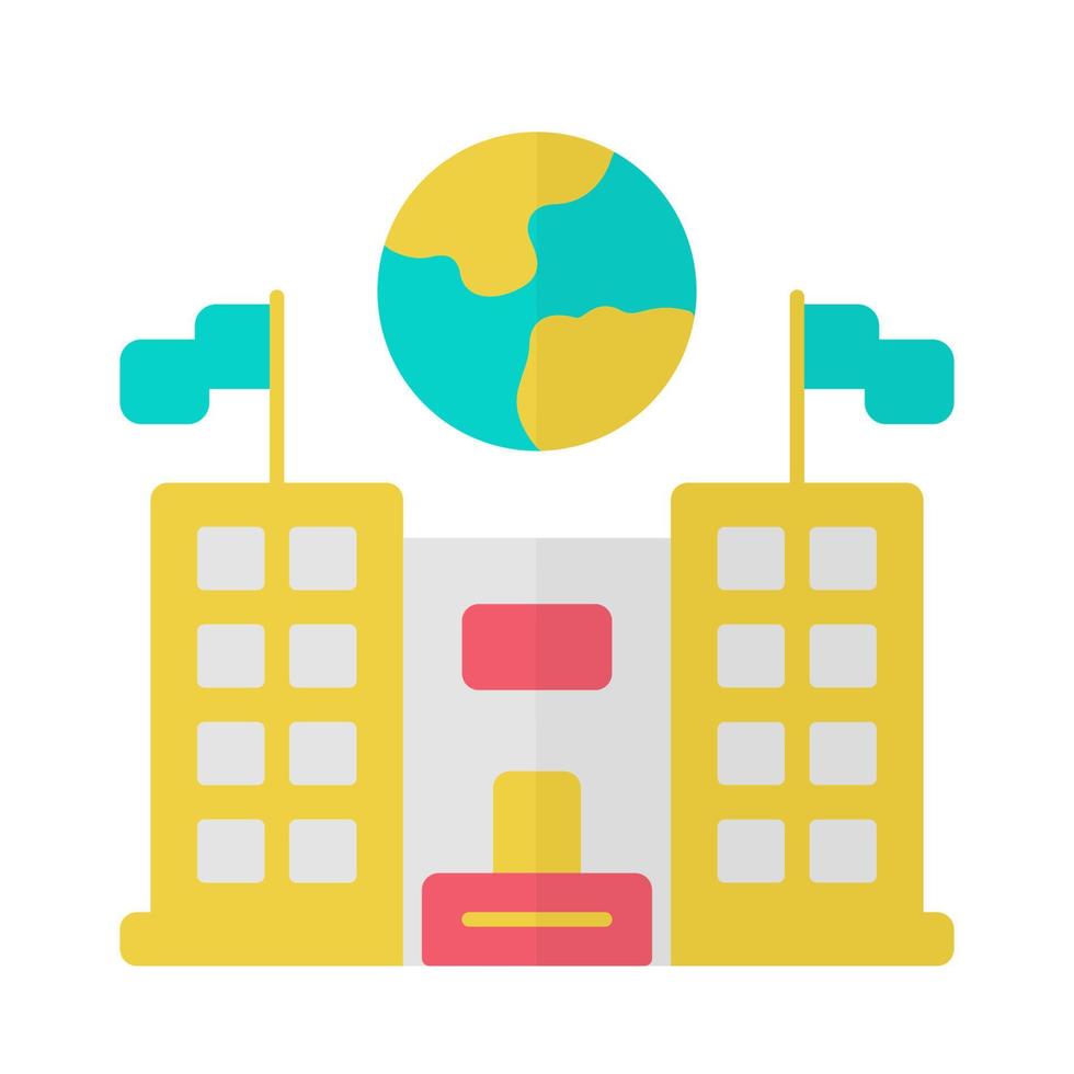 centro de inmigración diseño plano larga sombra icono de color amarillo. edificio de embajadas y consulados. estructura gubernamental administrativa. globo terráqueo sobre edificio público. ilustración de silueta vectorial vector