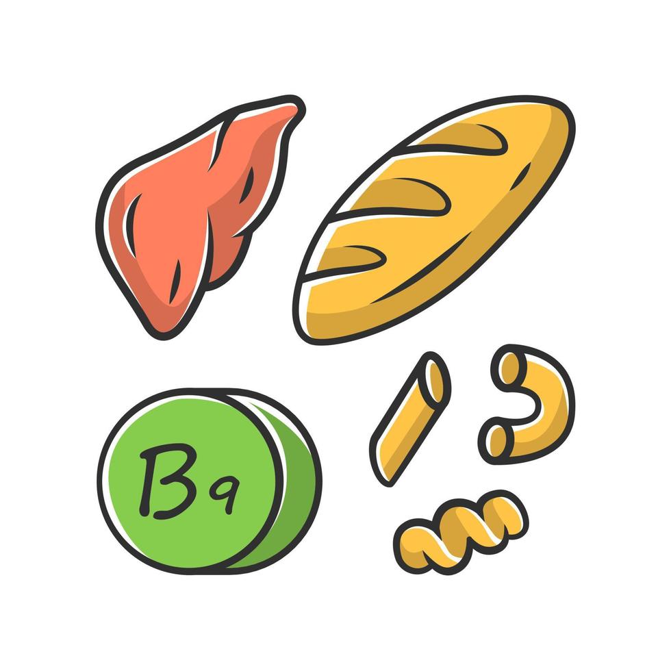 Vitamin B9 green, yellow color icon. Bread, liver and pasta. Meat and flour products. Healthy eating. Folic acid food source. Proper nutrition. Minerals, antioxidants. Isolated vector illustration