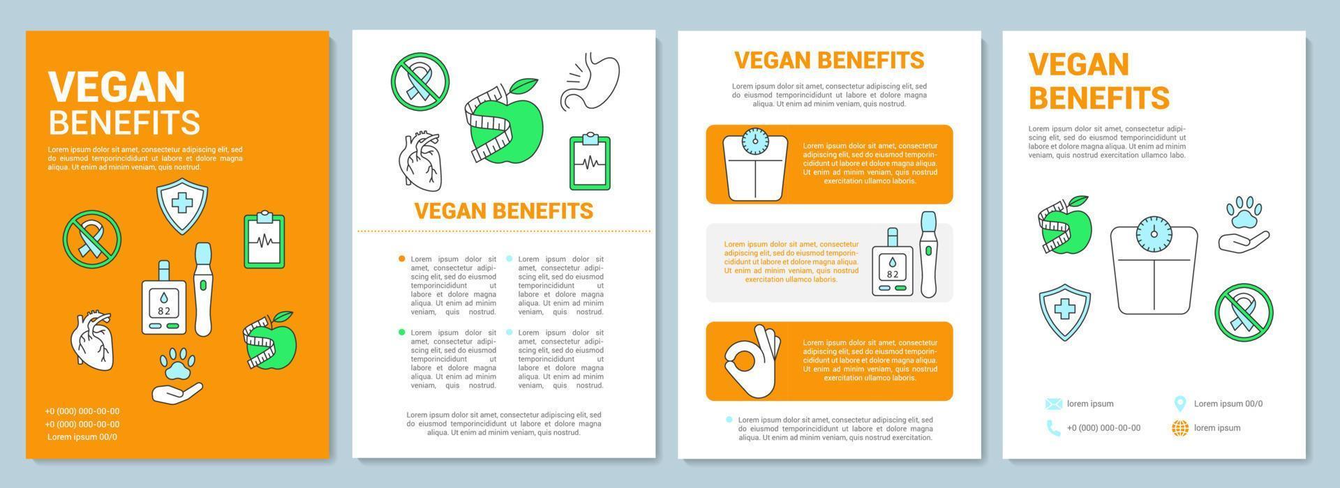 diseño de plantilla de folleto de beneficios vegetarianos. folleto de ventajas de estilo de vida vegano, diseño de impresión de folleto con ilustraciones lineales. diseños de páginas vectoriales para revistas, informes anuales, carteles publicitarios vector