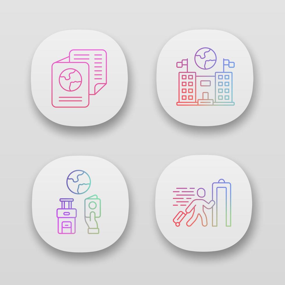 Immigration app icons set. Embassy and consulate building. Travel documents. Refugee, immigrant. Travelling abroad. UI UX user interface. Web or mobile applications. Vector isolated illustrations