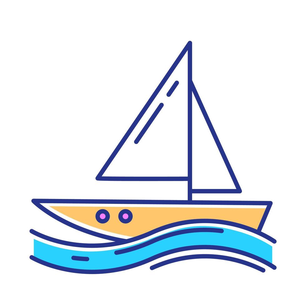 Sailing color icon. Watersport, extreme kind of sport. Yachting, swimming and navigation. Voyage, boat on ocean waves. Summer vacation activity and hobby. Isolated vector illustration