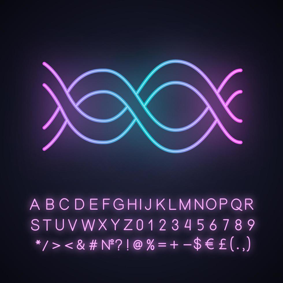 Interlaced waves neon light icon. Music rhythm, soundwave. Abstract curve and wavy lines. Sound and audio frequency wave. Glowing sign with alphabet, numbers and symbols. Vector isolated illustration