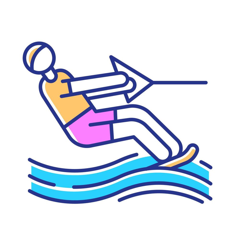 Water skiing color icon. Surface watersport. Summer leisure and dangerous hobby. Extreme kind of sport. Recreational outdoor activity. Man wakeboarding. Isolated vector illustration..