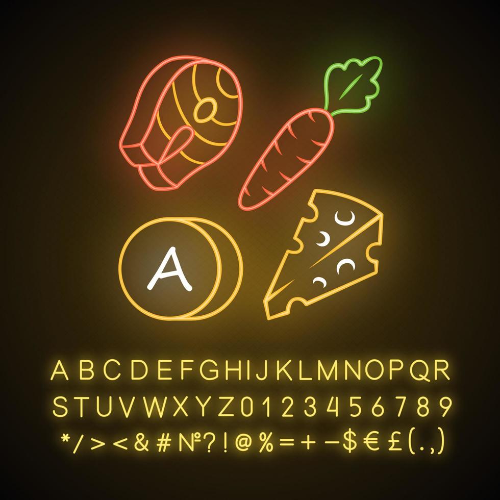 Vitamin A neon light icon. Carrot, fish and cheese. Healthy food. Vitamins natural food source. Vegetable, dairy products. Glowing sign with alphabet, numbers and symbols. Vector isolated illustration