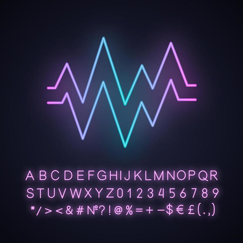 Heart beat neon light icon. Sound and audio wave. Heart rhythm, pulse. Digital soundwave. Soundtrack playing amplitude. Glowing sign with alphabet, numbers and symbols. Vector isolated illustration