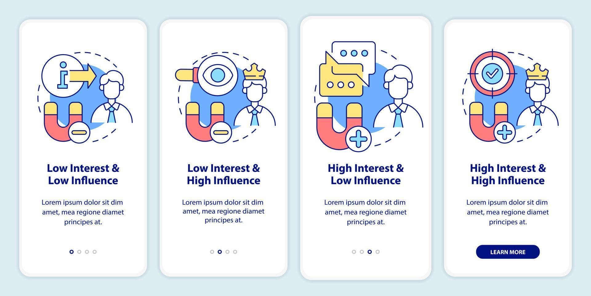 Stakeholder mapping onboarding mobile app screen. Visual analysis walkthrough 4 steps graphic instructions pages with linear concepts. UI, UX, GUI template. vector