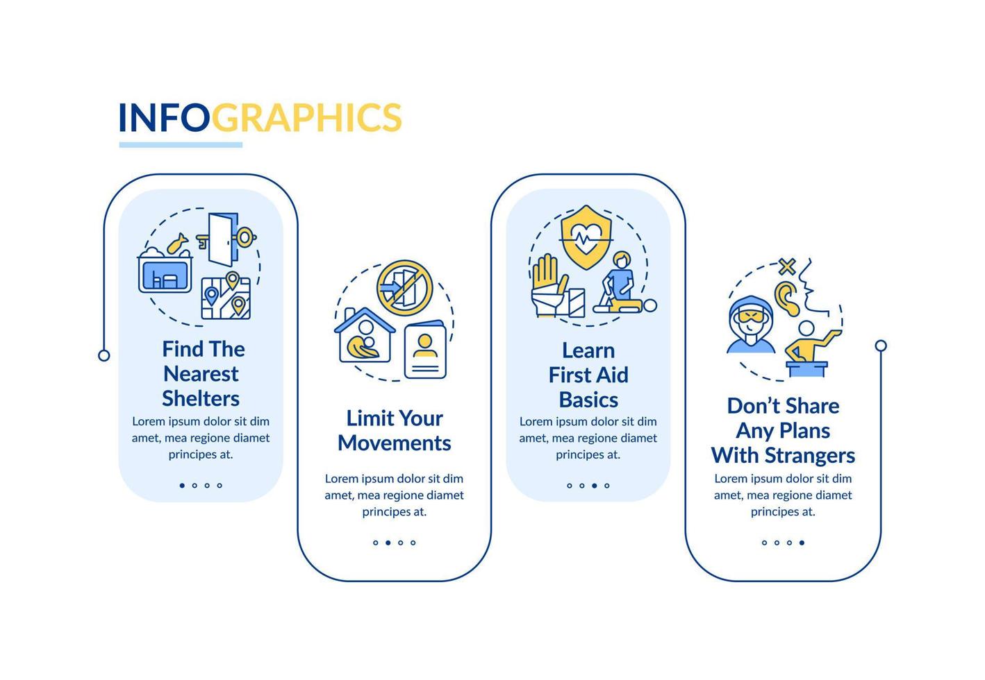 Actions to stay safe during war rectangle infographic template. Survive Data visualization with 4 steps. Process timeline info chart. Workflow layout with line icons. vector